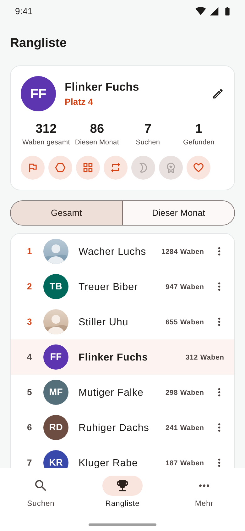 Rangliste mit eigener Profilkarte, abgesuchten Waben und Abzeichen