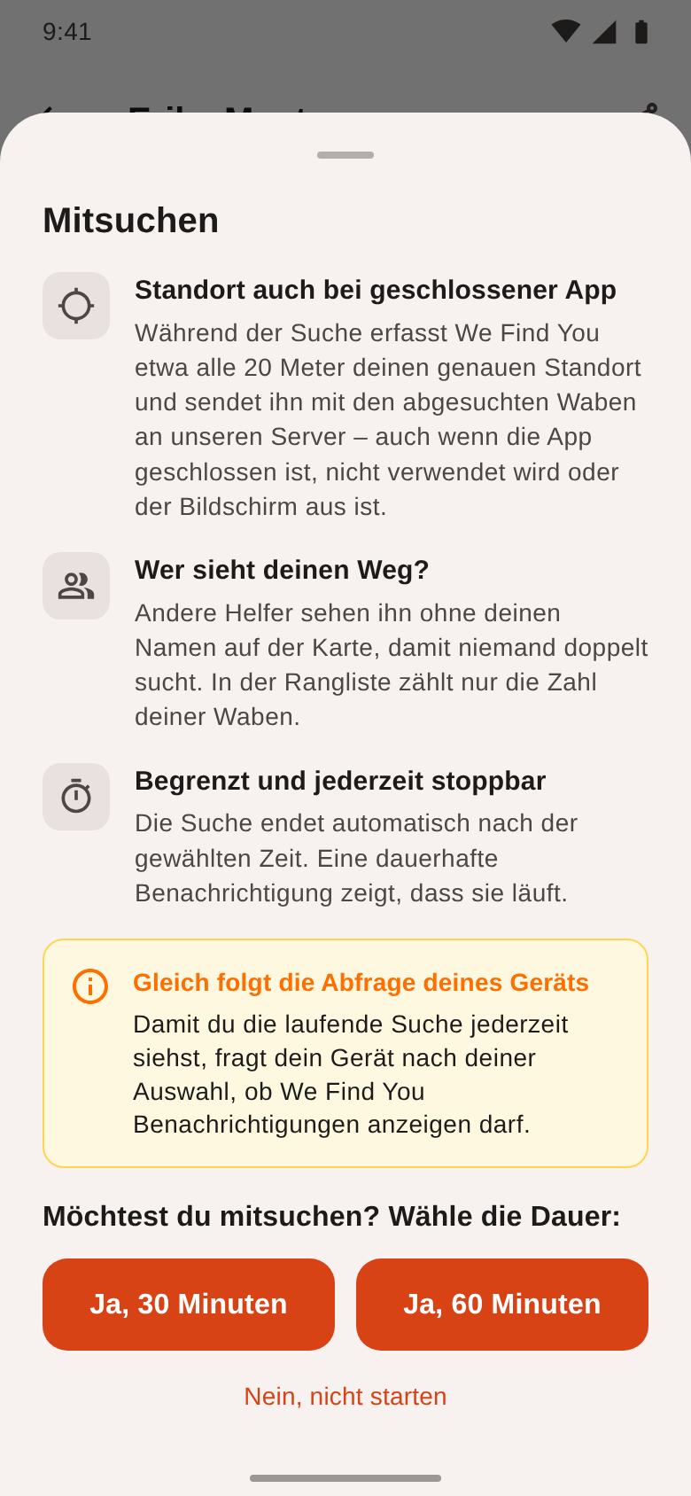 Erklärung vor dem Start von „Ich suche mit“ mit Auswahl 30 oder 60 Minuten